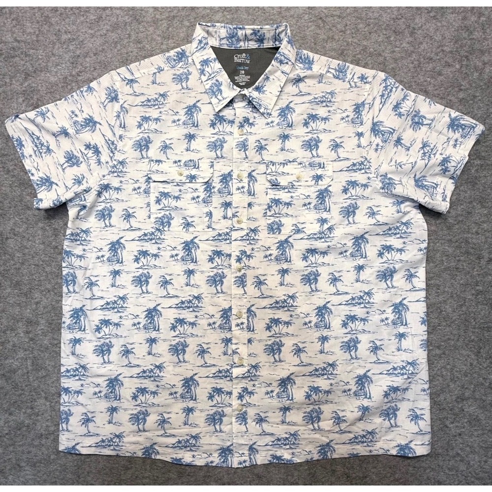 Croft & Barrow Button Down Mens 2XB Quick Dry Polyester White Blue Palm Tree